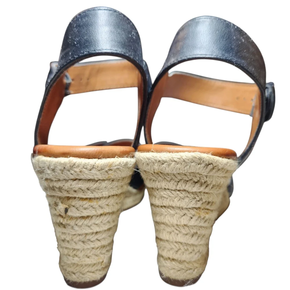 Pesaro Espadrille Wedge Black Vegan Leather Sandals Ankle Strap‎ Gold Buckle 8